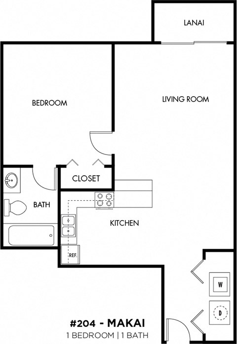 Floor plan for 1 bed, 1 bath, 574 sqft